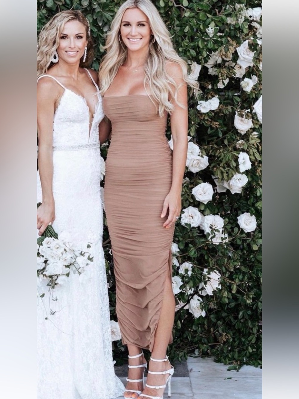 House of CB Fornarina Ruched Tan Mesh Maxi Dress Small A/C NWOT